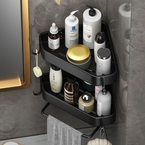 Pack of 2 Aluminium Bathroom Corner Shelves | Self-Adhesive Wall Mounted Shower Organizer | Black