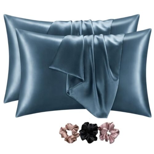 Satin Silk Pillow Covers with Satin Scrunchies (Bluesteel, 28 × 18 Inches, Pack of 2)