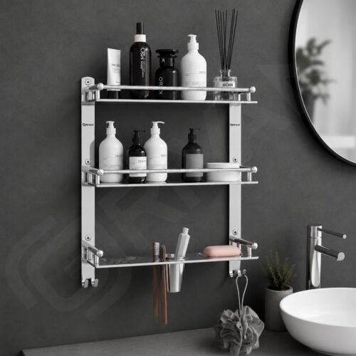 3-Tier Stainless Steel Bathroom Shelf | Wall Mounted Organizer with Soap Dishes, Toothbrush Holder & Tumbler | Chrome
