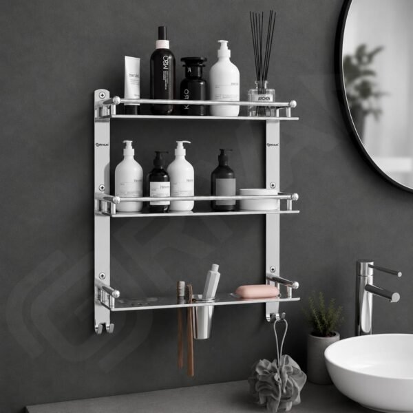 GRIVAN 3-Tier Stainless Steel Bathroom Shelf Wall Mounted Bathroom Organizer 3-Tier Stainless Steel Bathroom Shelf | Wall Mounted Organizer with Soap Dishes, Toothbrush Holder & Tumbler | Chrome