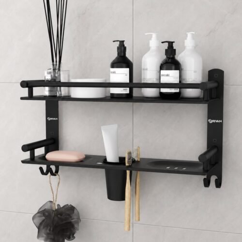 5-in-1 Stainless Steel Bathroom Shelf | 2-Tier Wall Mounted Organizer with Soap Dish, Toothbrush Holder & Hooks | Black Matte