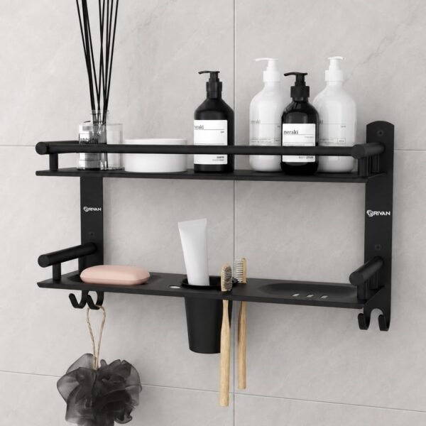 5-in-1 Stainless Steel Bathroom Shelf | 2-Tier Wall Mounted Organizer with Soap Dish, Toothbrush Holder & Hooks | Black Matte