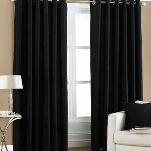 Solid Plain Polyester Door Curtains (7 Feet, Black, Set of 2)