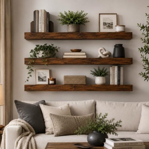 Solid Sheesham Wood Floating Wall Shelves Set of 3 | Rustic Wooden Wall Mounted Display Shelves