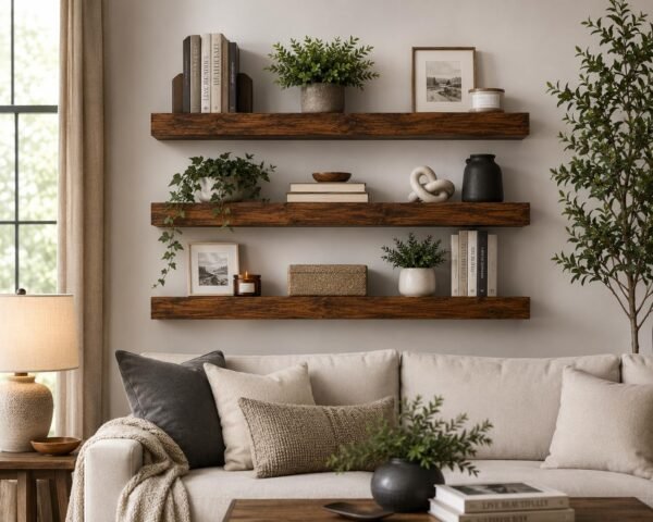 Solid Sheesham Wood Floating Wall Shelves Set of 3 | Rustic Wooden Wall Mounted Display Shelves