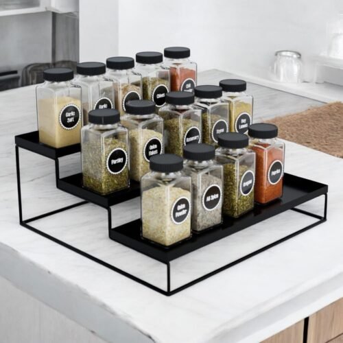 3-Tier Metal Countertop Spice Rack | Powder-Coated Iron Kitchen Organizer Stand | Black
