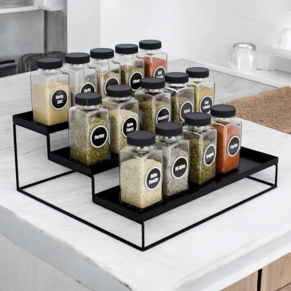 3-Tier Metal Countertop Spice Rack | Powder-Coated Iron Kitchen Organizer Stand | Black