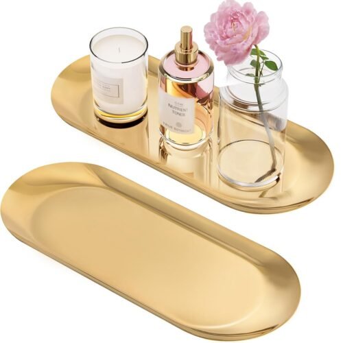 Gold Stainless Steel Decorative Tray Set (Pack of 2) – Multipurpose Vanity & Organizer Tray
