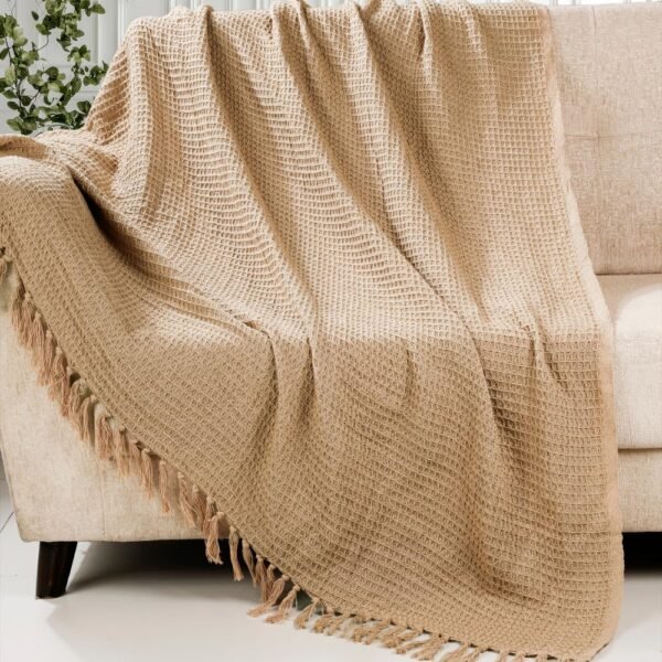 HOMADORN 100% Cotton Waffle Weave Throw Blanket Beige 100% Cotton Waffle Weave Throw Blanket for Sofa & Bed, Lightweight Breathable Boho Throw (Beige, 50 × 60 Inch)