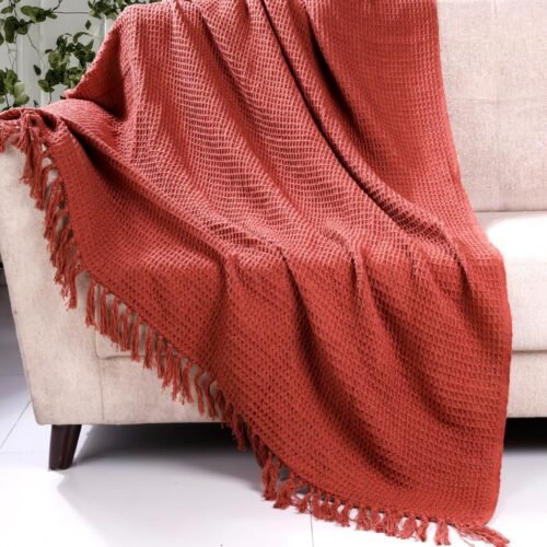 100% Cotton Waffle Weave Throw Blanket for Sofa & Bed, Lightweight Breathable Boho Throw (Rust, 50 × 60 Inch)