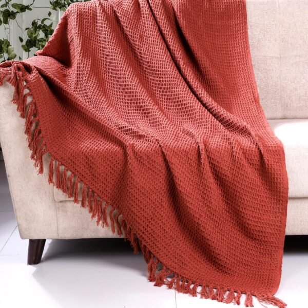 100% Cotton Waffle Weave Throw Blanket for Sofa & Bed, Lightweight Breathable Boho Throw (Rust, 50 × 60 Inch)
