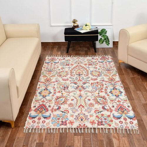 Handmade Printed Area Rug 3x5 Feet | Sustainable Flat Woven Indoor Rug | Floral Off White