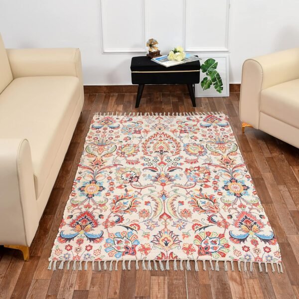 Handmade Printed Area Rug 3x5 Feet | Sustainable Flat Woven Indoor Rug | Floral Off White