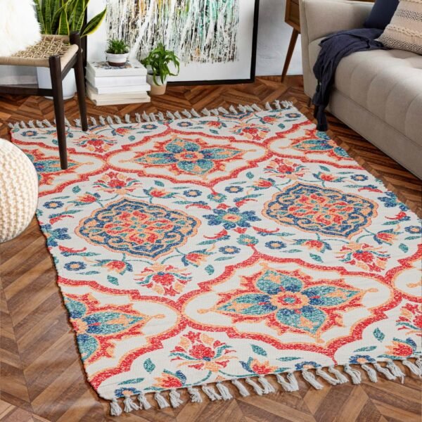 HOMADORN Handmade Printed Area Rug 4x6 Feet Vintage Bloom Handmade Printed Area Rug 4x6 Feet | Washable Flat Woven Decorative Carpet | Vintage Bloom