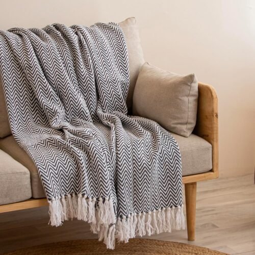 100% Cotton Chevron Throw Blanket with Tassels for Sofa & Bed, Lightweight Decorative Knit Throw (Grey, 50 × 60 Inch)