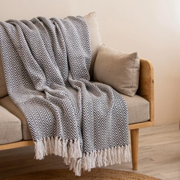 HOMEMONDE Cotton Chevron Throw Blanket with Tassels Grey 100% Cotton Chevron Throw Blanket with Tassels for Sofa & Bed, Lightweight Decorative Knit Throw (Grey, 50 × 60 Inch)