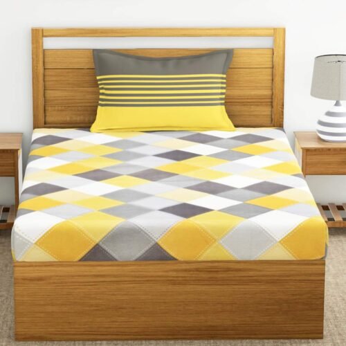 HUESLAND 144 TC Cotton Single Bedsheet with Pillow Cover 144 TC Cotton Single Bedsheet with 1 Pillow Cover (Yellow & Grey Checkered)