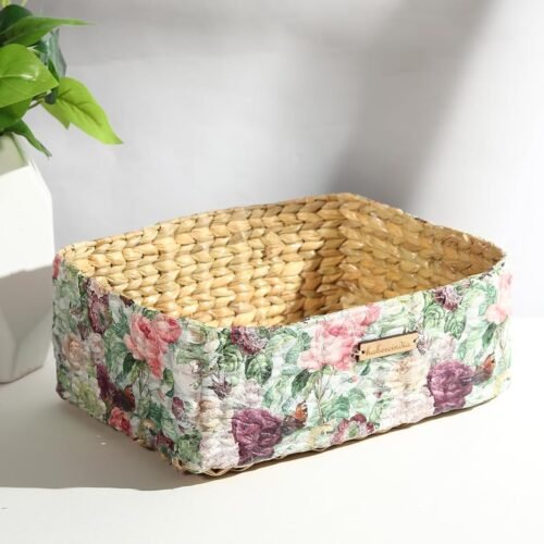 Handwoven Decorative Grass Storage Basket | Floral Wicker Organizer