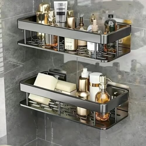 Pack of 2 Aluminium Bathroom Wall Shelves | Self-Adhesive Shower Organizer Rack | No-Drill Wall Mounted Storage | Black