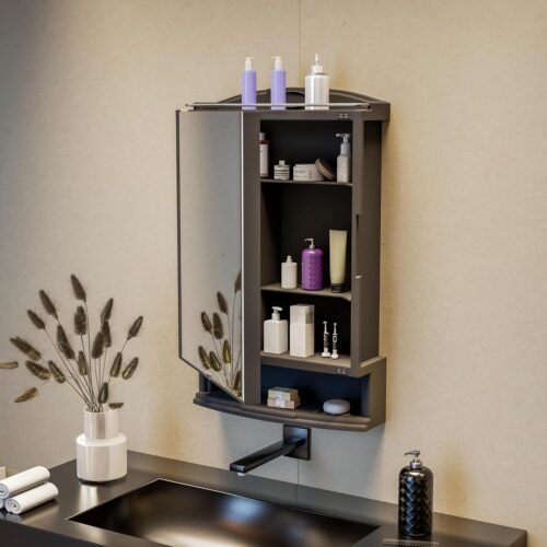 Wall Mounted Bathroom Storage Cabinet with Mirror | Plastic Bathroom Organizer Cabinet | Black