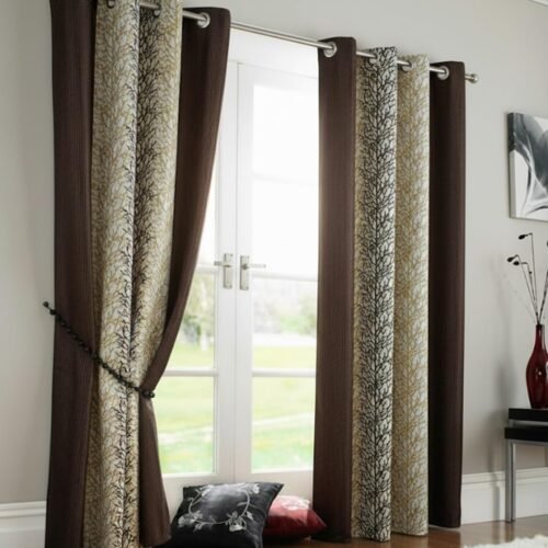 Abstract Eyelet Door Curtain (7 Feet, Brown, Set of 2)