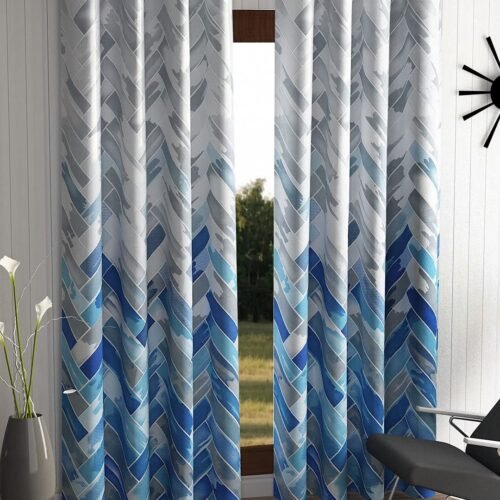 Geometric Eyelet Window Curtain (5 Feet, Blue, Set of 2)