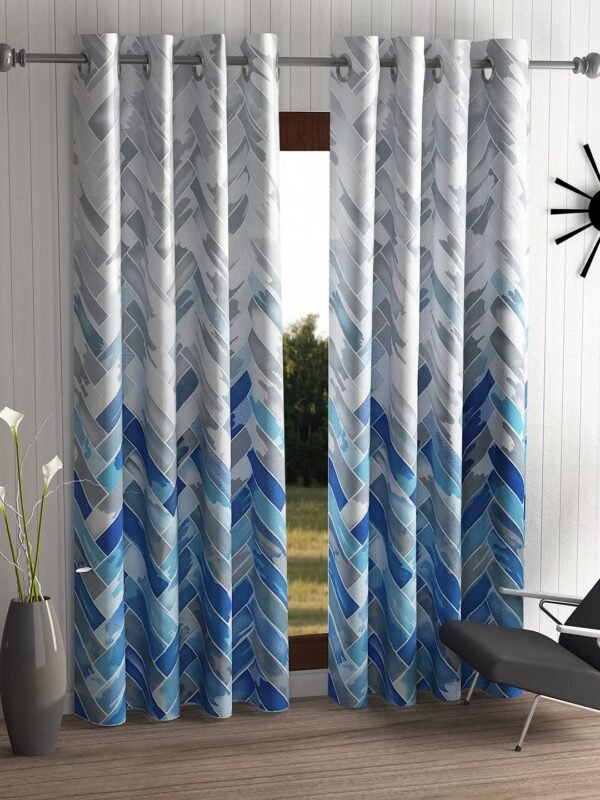 Geometric Eyelet Window Curtain (5 Feet, Blue, Set of 2)