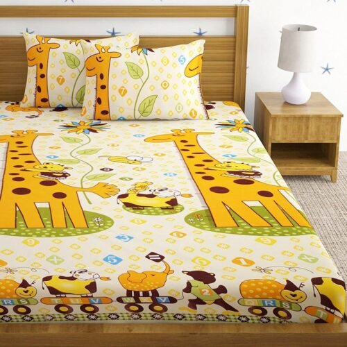 Kids Microfiber Double Bedsheet with 2 Pillow Covers (Giraffe Print, Yellow)