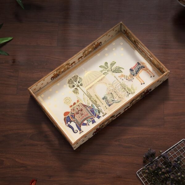 Royal Camel Wooden Serving Tray with Gold Engraving – Decorative Rectangular Tray (16 × 10 Inch)
