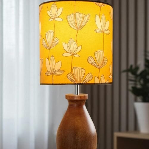 Rustic Wooden Table Lamp with Hibiscus Printed Linen Shade | Handcrafted Bedside Lamp