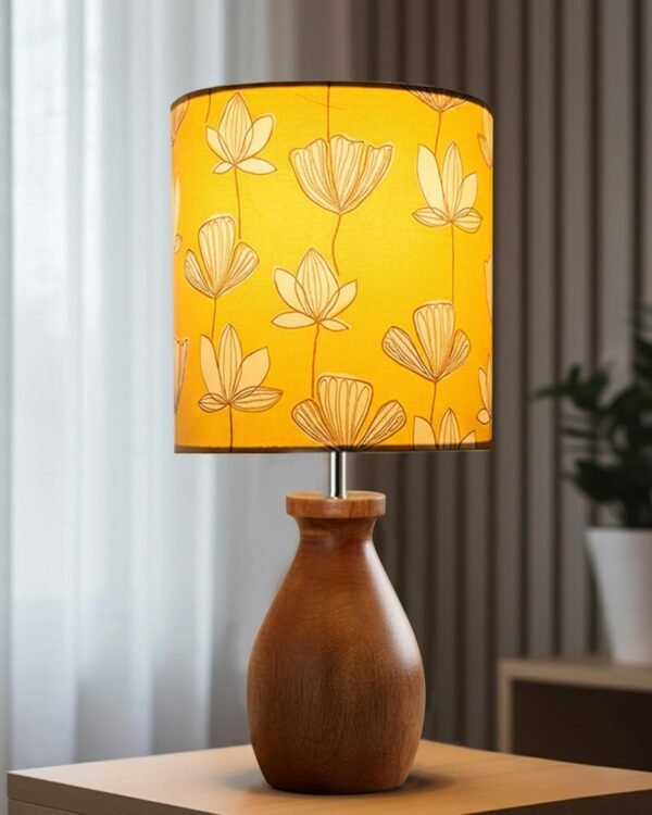 Rustic Wooden Table Lamp with Hibiscus Printed Linen Shade | Handcrafted Bedside Lamp