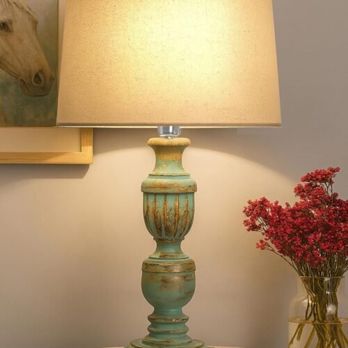 Rustic Wooden Table Lamp with Linen Empire Shade | Vintage Bedside & Living Room Lamp