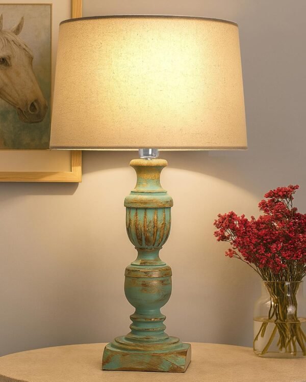 Rustic Wooden Table Lamp with Linen Empire Shade | Vintage Bedside & Living Room Lamp