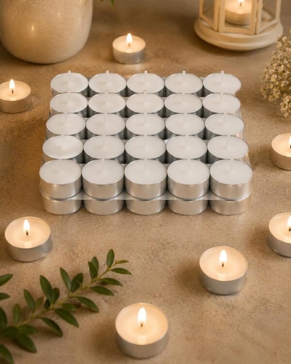 Tea Light Candles – Pack of 50 Unscented Smokeless White Wax Candles
