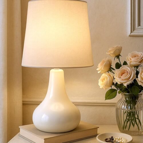 Modern White Ceramic Bedside Table Lamp with Fabric Shade