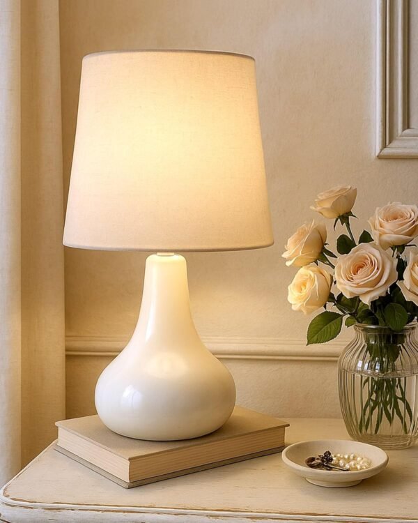 Modern White Ceramic Bedside Table Lamp with Fabric Shade