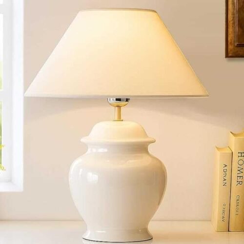 White Ceramic Table Lamp with Cotton Cone Shade | Modern Bedside & Living Room Lamp