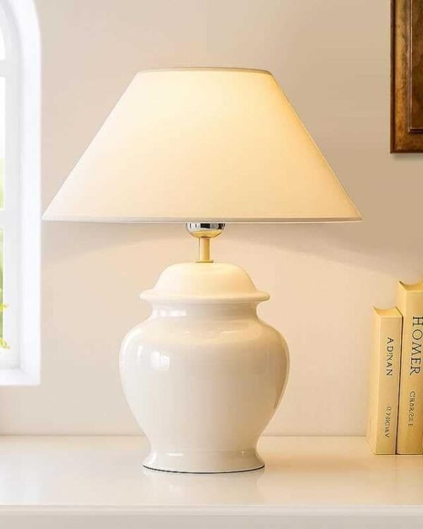 White Ceramic Table Lamp with Cotton Cone Shade | Modern Bedside & Living Room Lamp