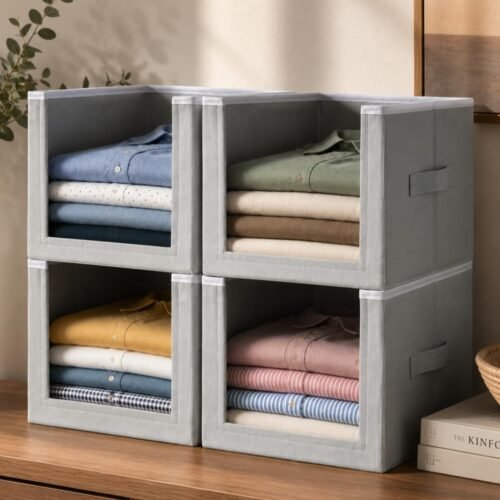 Homestrap Set of 4 Non-Woven Clothes Stackers Set of 4 Non-Woven Clothes Stackers | Foldable Wardrobe Shelf Organizers with Handles | Grey