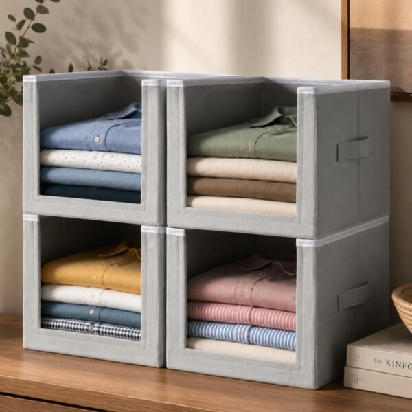 Homestrap Set of 4 Non-Woven Clothes Stackers Set of 4 Non-Woven Clothes Stackers | Foldable Wardrobe Shelf Organizers with Handles | Grey