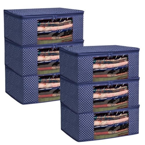 Homestrap Set of 6 Cotton Quilted Saree Covers Foldable Wardrobe Storage Bags Set of 6 Cotton Quilted Saree Covers | 3-Layer Foldable Wardrobe Storage Bags with Transparent Window & Zip | Navy Blue
