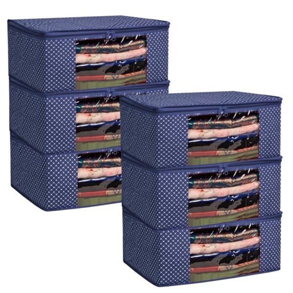 Homestrap Set of 6 Cotton Quilted Saree Covers Foldable Wardrobe Storage Bags Set of 6 Cotton Quilted Saree Covers | 3-Layer Foldable Wardrobe Storage Bags with Transparent Window & Zip | Navy Blue