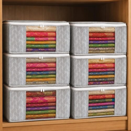 Homestrap Set of 6 Saree Covers Wardrobe Organizer with Transparent Window Set of 6 Non-Woven Saree Covers | Wardrobe Organizer with Transparent Window | Zip Closure | Grey | 45 × 33 × 22 cm