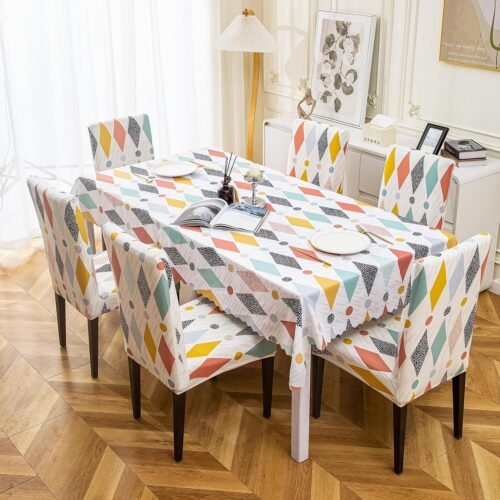 PVC Waterproof Dining Table Cover Set | Table Cover with 6 Stretchable Chair Covers | White Rainbow | 140 × 220 cm