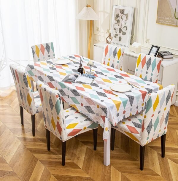 House of Quirk PVC Waterproof Table Cover Set with 6 Chair Covers PVC Waterproof Dining Table Cover Set | Table Cover with 6 Stretchable Chair Covers | White Rainbow | 140 × 220 cm