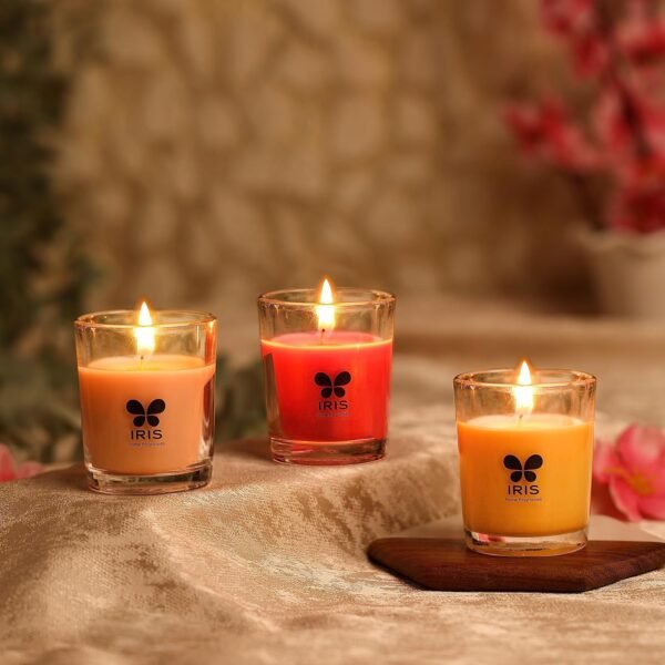Scented Shot Glass Candles – Set of 3 (Damask Rose, Peach Pomegranate & Mango Sorbet)