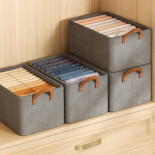 JD FRESH Set of 4 Foldable Storage Boxes with Steel Frame 36L Wardrobe Organizers Set of 4 Large Foldable Storage Boxes | Steel Frame Fabric Wardrobe Organizers with Handles | Grey | 36L