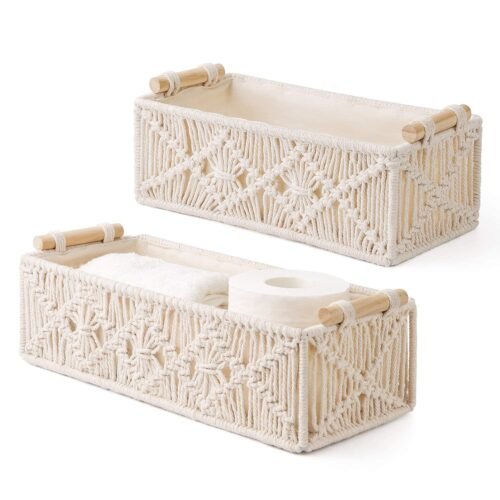 Handwoven Macrame Storage Baskets with Wooden Handles Set of 2 | Cotton Organizer