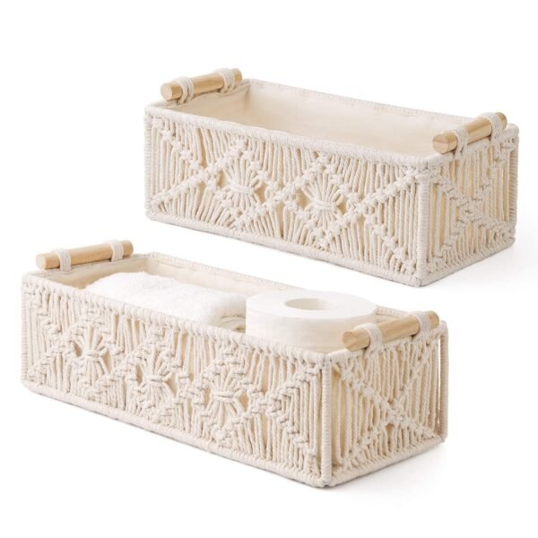 Handwoven Macrame Storage Baskets with Wooden Handles Set of 2 | Cotton Organizer