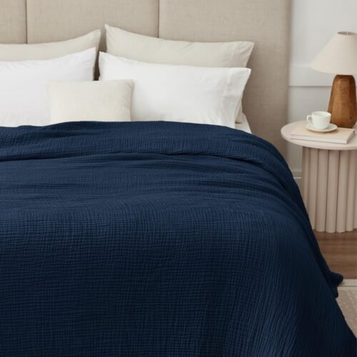 100% Cotton Muslin Blanket 50 × 70 Inches, 6-Layer Breathable Throw Blanket for Bed, Couch & Sofa (Navy Blue)